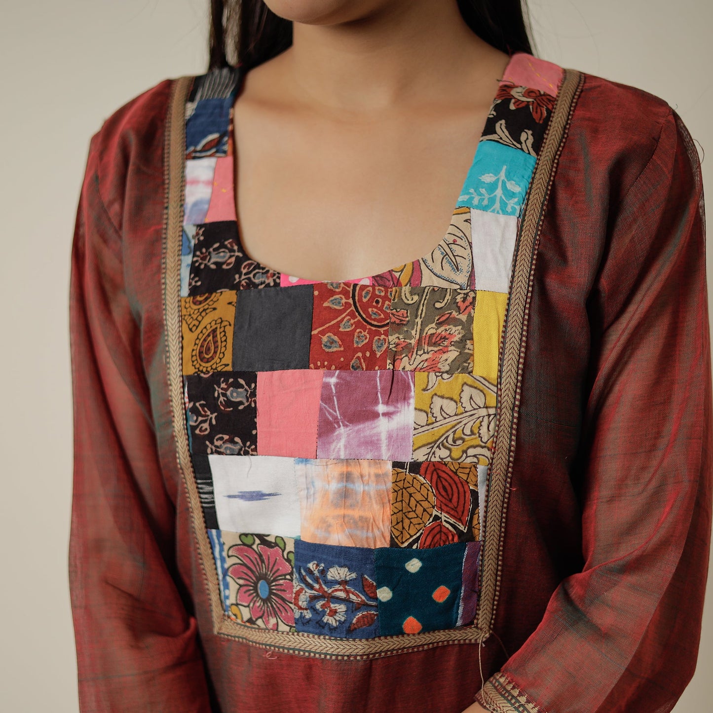 Maroon - Dharwad Mercerised Cotton Straight Kurta with Patchwork 12