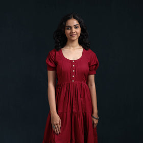 Maroon - flex cotton tiered plain dress 12 - handcrafted