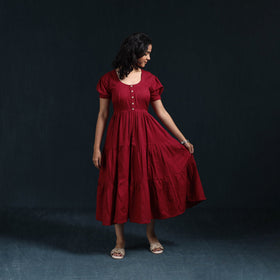 Maroon - flex cotton tiered plain dress 12 - handcrafted