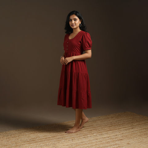 Maroon - flex cotton tiered plain dress 12 - handcrafted