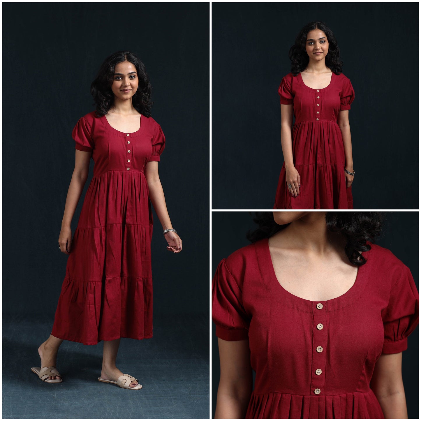 Maroon - flex cotton tiered plain dress 12 - handcrafted