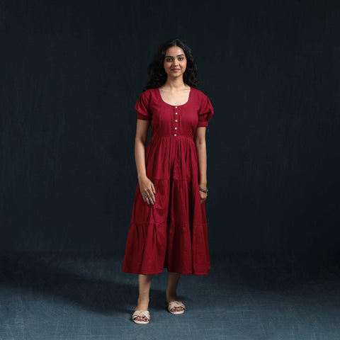 Maroon - flex cotton tiered plain dress 12 - handcrafted