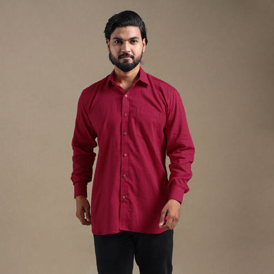 Maroon Full Sleeve Slub Cotton Men Plain Shirt