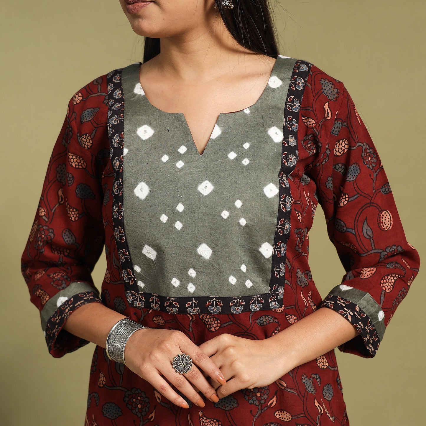 Fusion Mul Cotton Straight Maroon Ajrakh Kurta for Women
