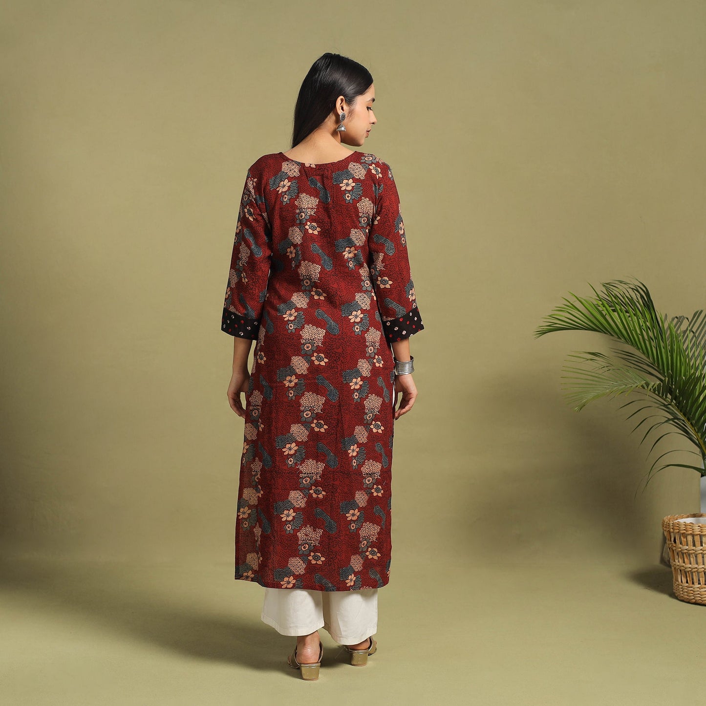 Fusion Mul Cotton Straight Maroon Ajrakh Kurta for Women