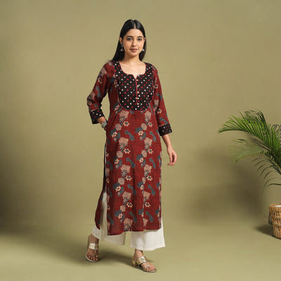 Fusion Mul Cotton Straight Maroon Ajrakh Kurta for Women