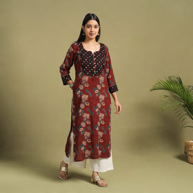 Fusion Mul Cotton Straight Maroon Ajrakh Kurta for Women