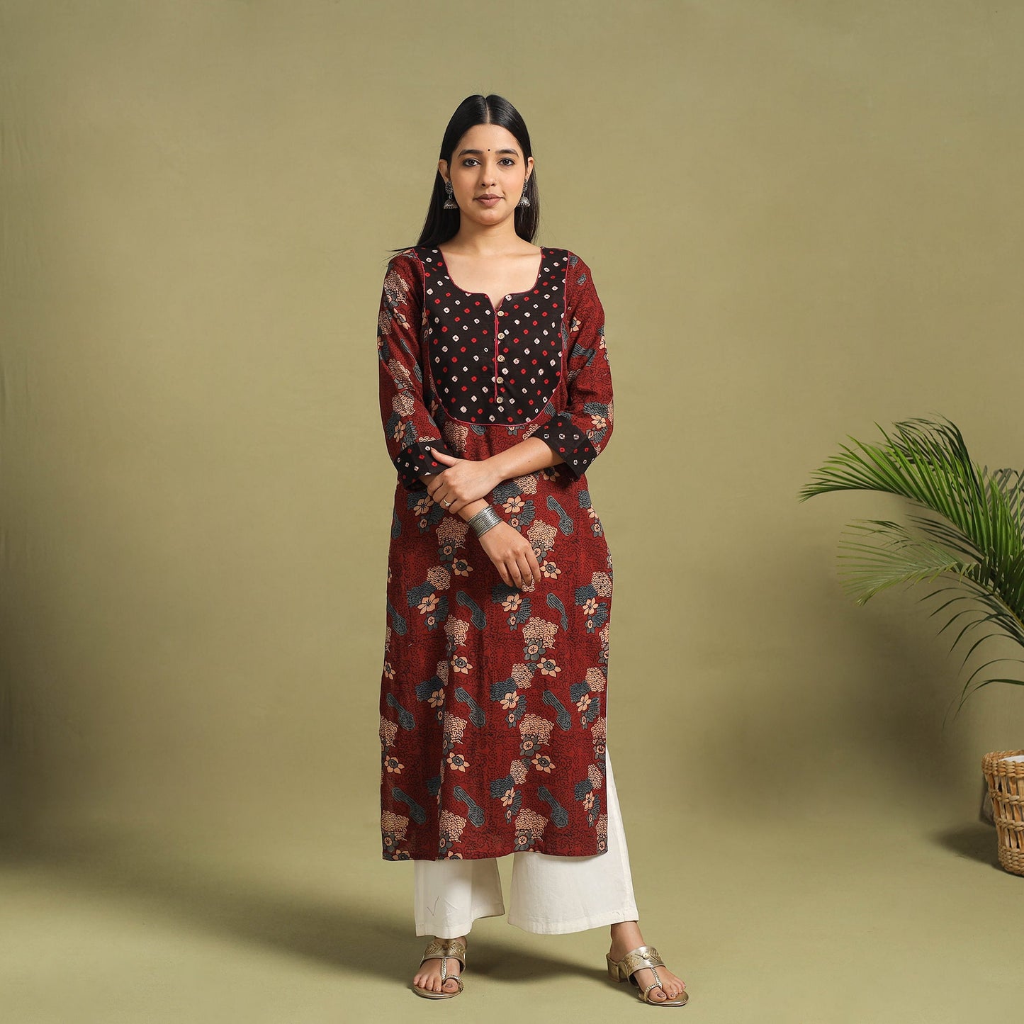 Fusion Mul Cotton Straight Maroon Ajrakh Kurta for Women