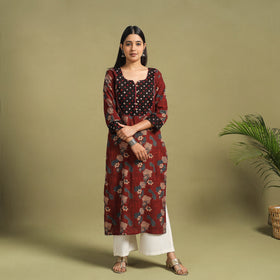 Fusion Mul Cotton Straight Maroon Ajrakh Kurta for Women