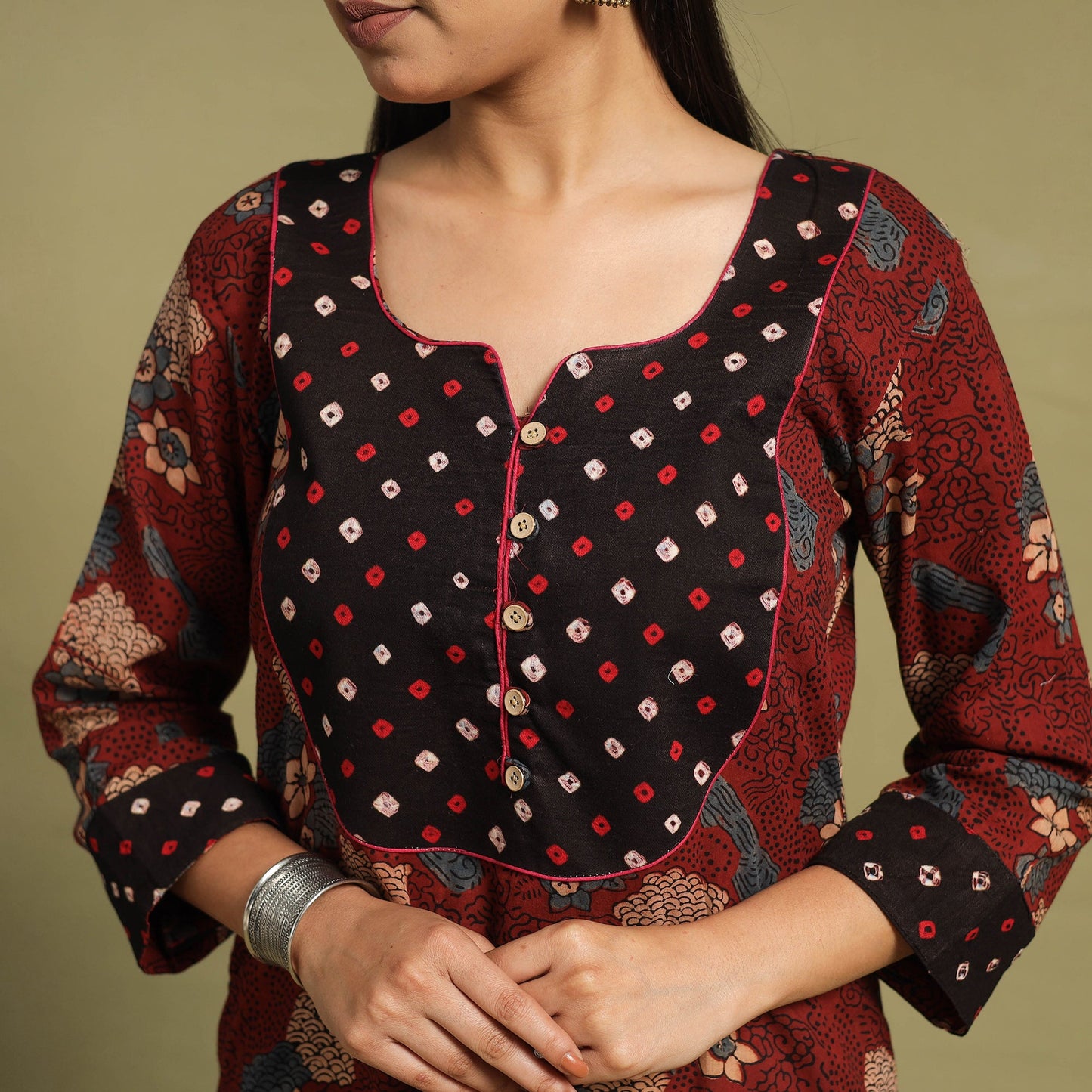 Fusion Mul Cotton Straight Maroon Ajrakh Kurta for Women