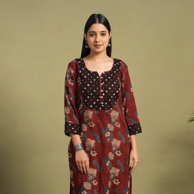 Fusion Mul Cotton Straight Maroon Ajrakh Kurta for Women