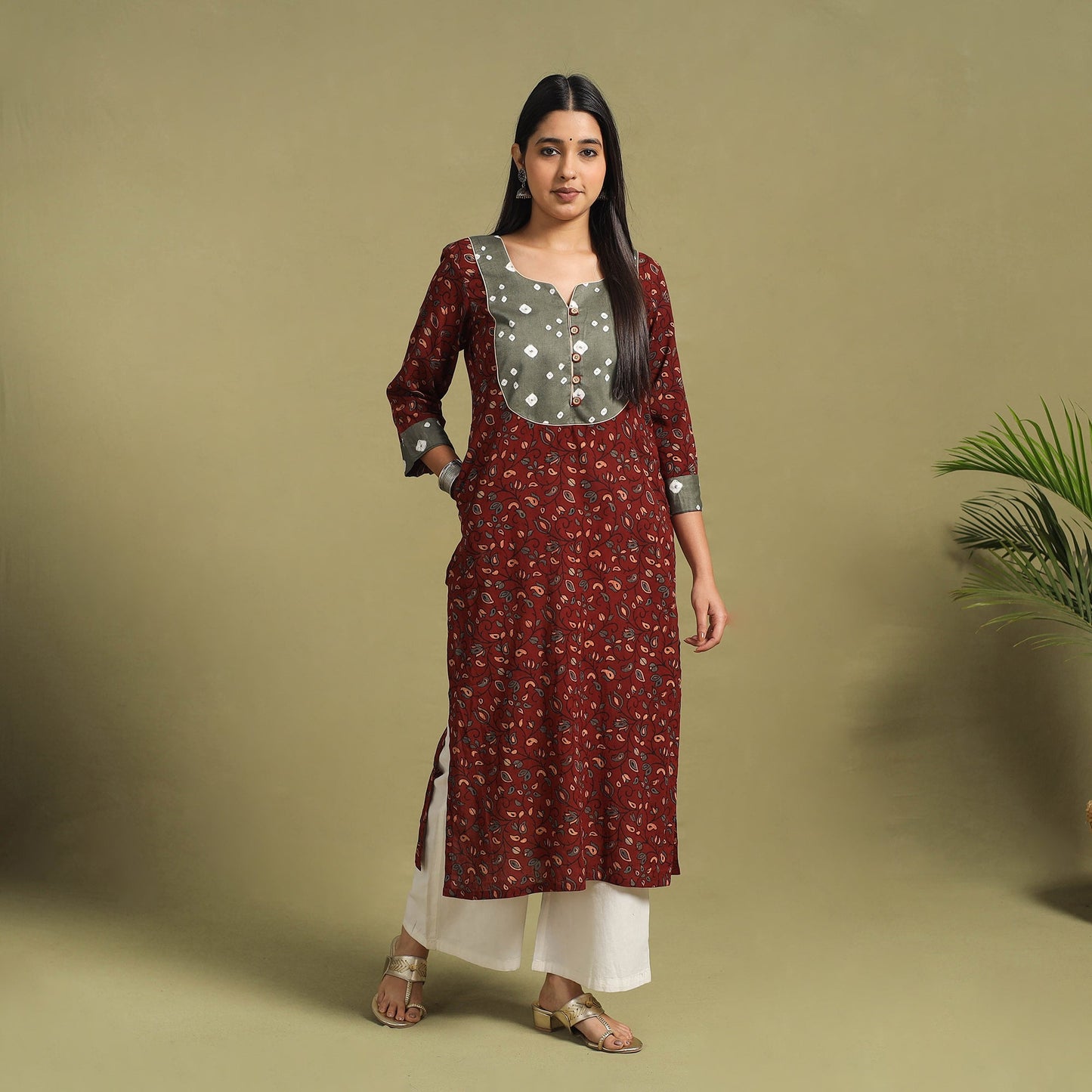 Fusion Mul Cotton Straight Maroon Ajrakh Kurta for Women