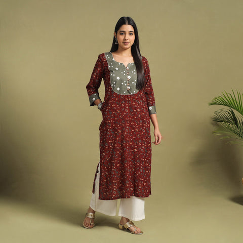 Fusion Mul Cotton Straight Maroon Ajrakh Kurta for Women