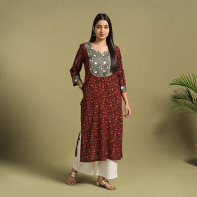 Fusion Mul Cotton Straight Maroon Ajrakh Kurta for Women