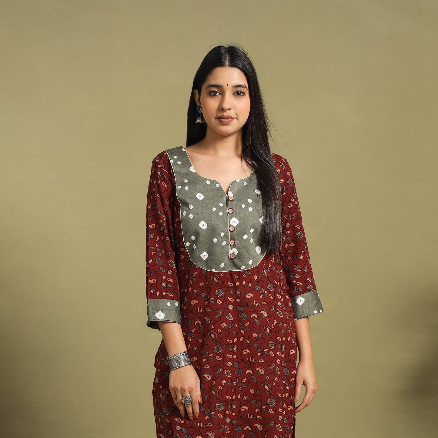 Fusion Mul Cotton Straight Maroon Ajrakh Kurta for Women