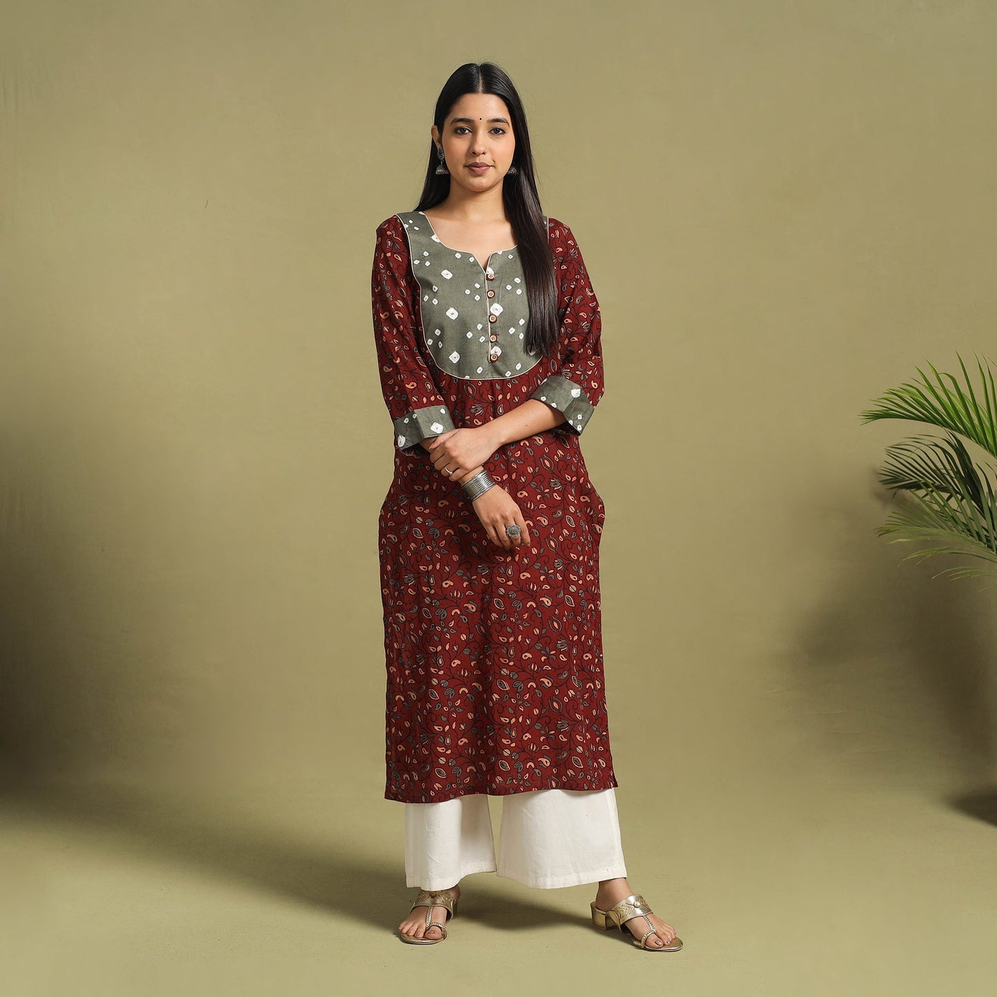 Fusion Mul Cotton Straight Maroon Ajrakh Kurta for Women