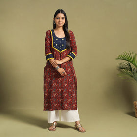 Fusion Mul Cotton Straight Maroon Ajrakh Kurta for Women