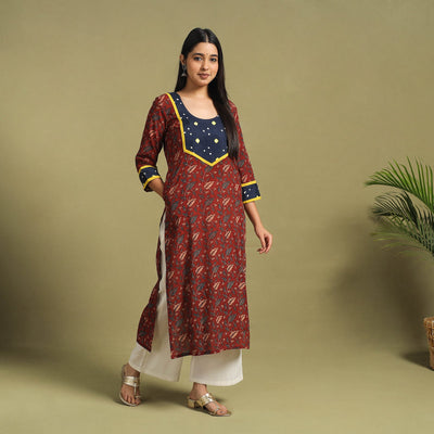Fusion Mul Cotton Straight Maroon Ajrakh Kurta for Women