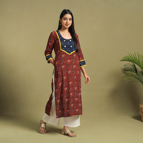 Fusion Mul Cotton Straight Maroon Ajrakh Kurta for Women