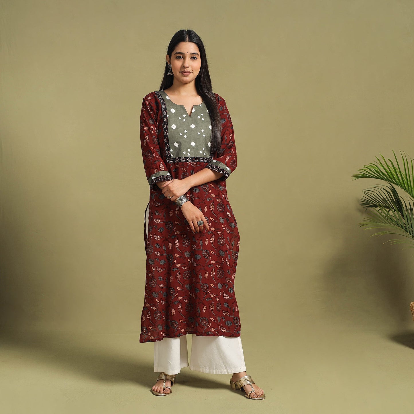 Fusion Mul Cotton Straight Maroon Ajrakh Kurta for Women
