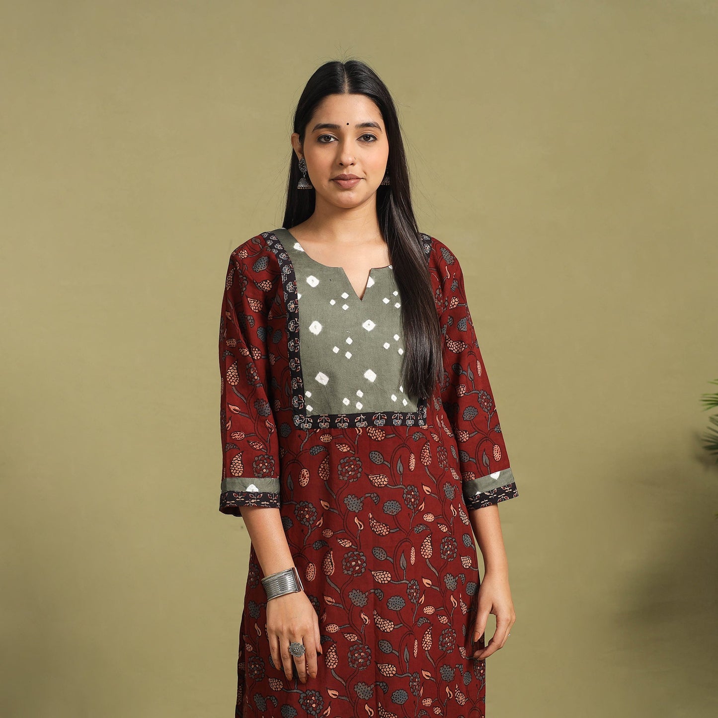 Fusion Mul Cotton Straight Maroon Ajrakh Kurta for Women