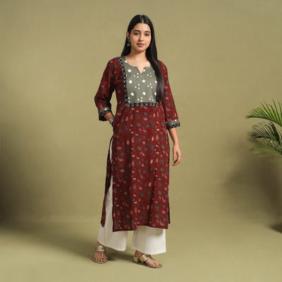 Fusion Mul Cotton Straight Maroon Ajrakh Kurta for Women