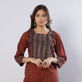 Buy Maroon Indigo Geometric Flowers Ajrakh Block Printed Cotton Long Kurta Online l iTokri.com