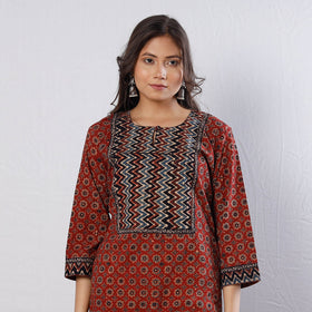 Buy Maroon Indigo Geometric Flowers Ajrakh Block Printed Cotton Long Kurta Online l iTokri.com