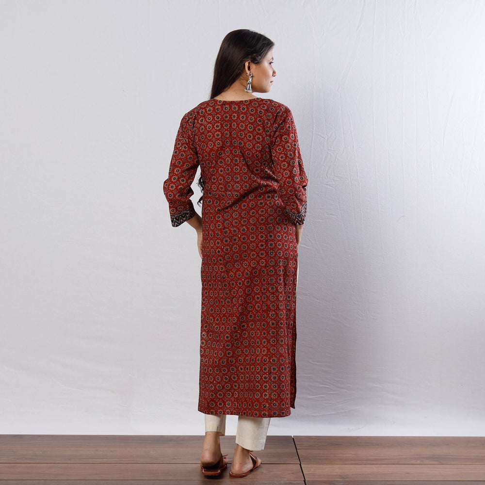 Buy Maroon Indigo Geometric Flowers Ajrakh Block Printed Cotton Long Kurta Online l iTokri.com
