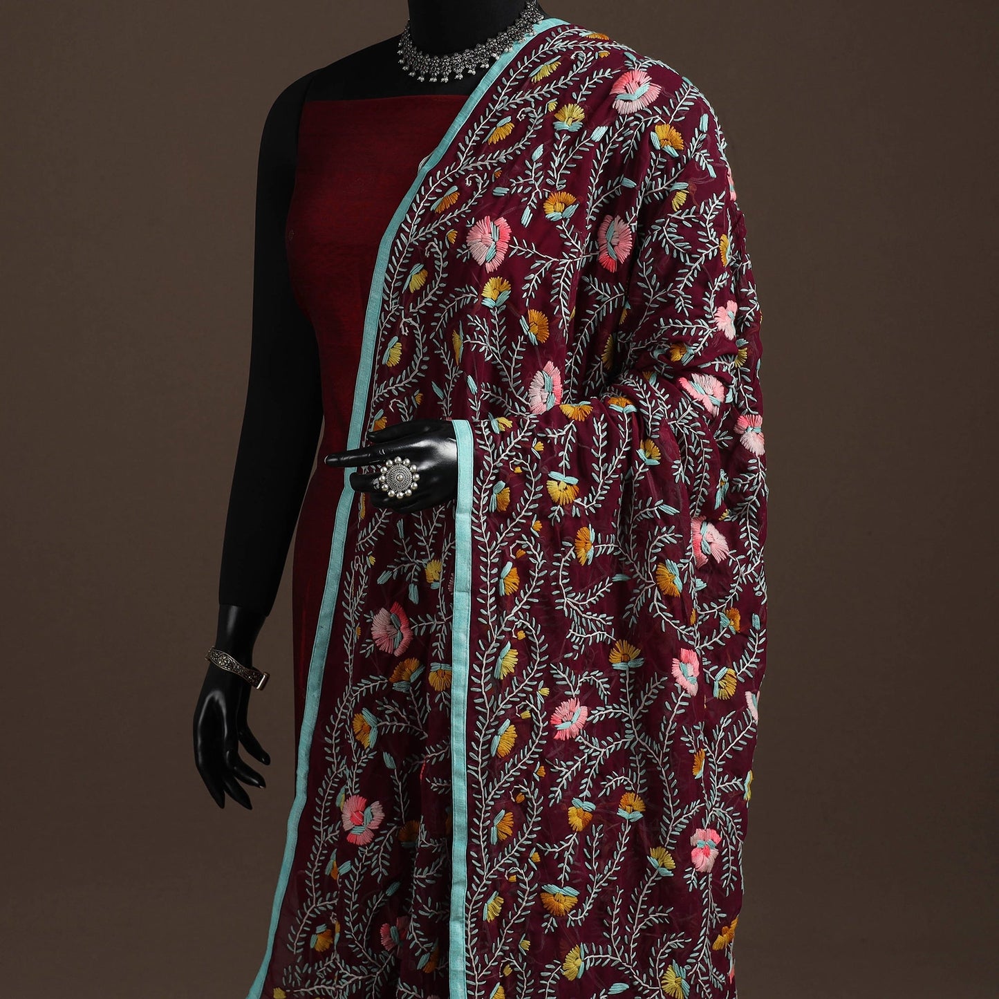 Georgette hand embroidered phulkari dupatta 23 - handcrafted