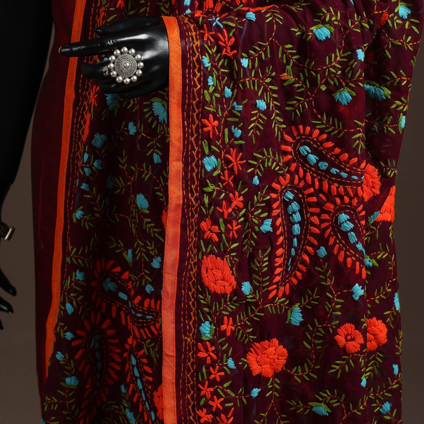 Georgette hand embroidered phulkari dupatta 24 - handcrafted