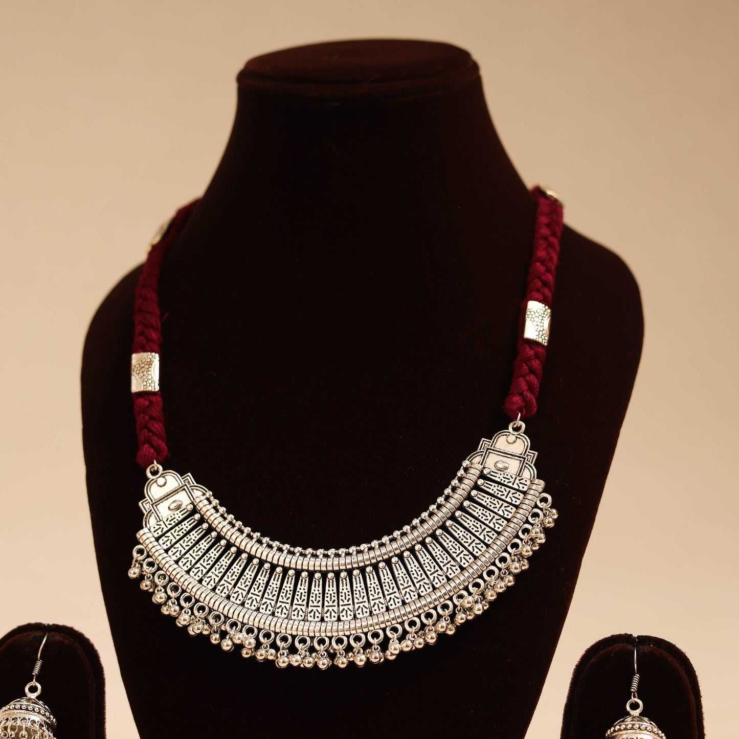 Maroon - german silver thread braided necklace set 01