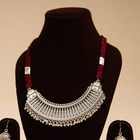 Maroon - german silver thread braided necklace set 01