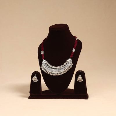 Maroon - german silver thread braided necklace set 01