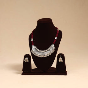 Maroon - german silver thread braided necklace set 01