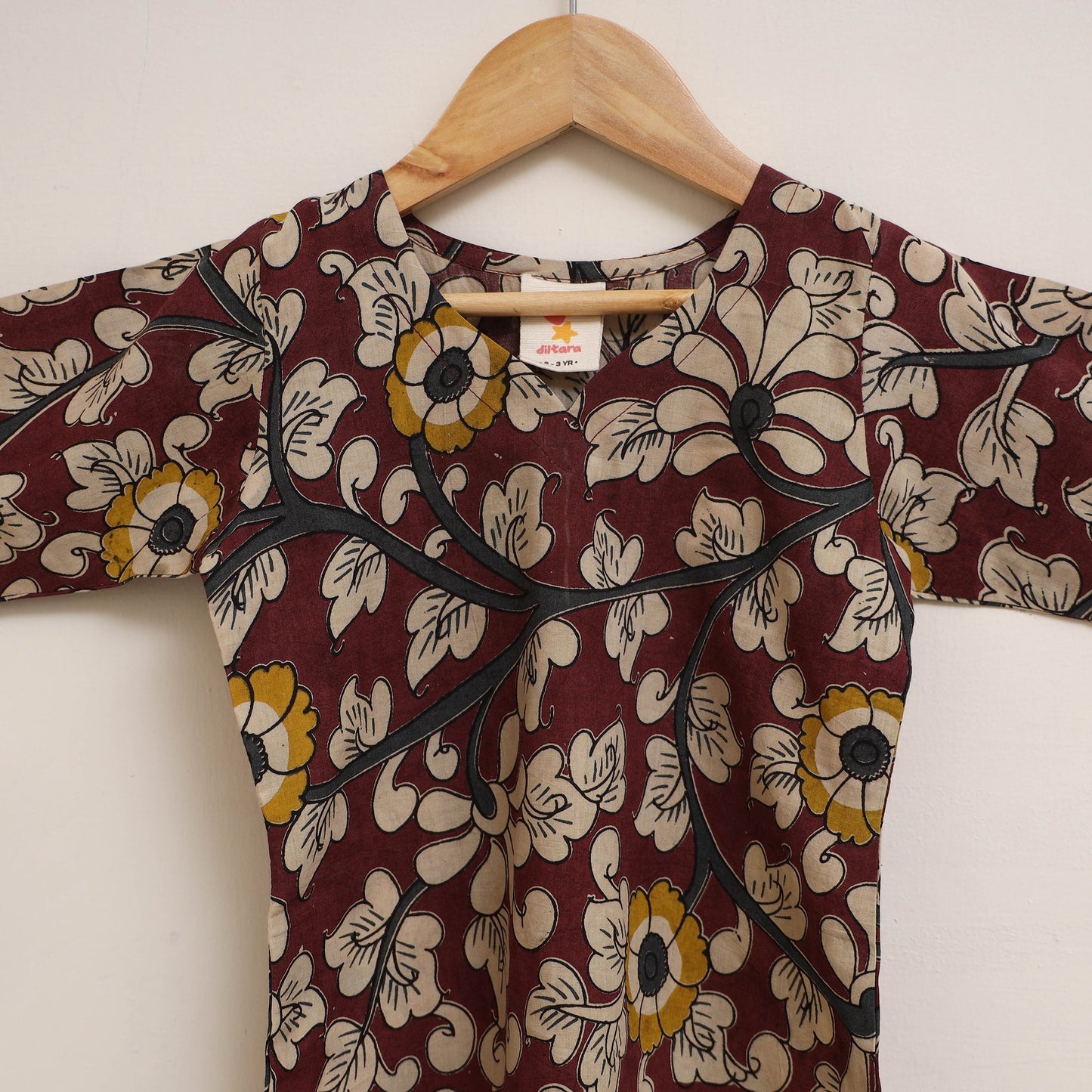 Maroon - girls kalamkari pure cotton kurta set (2-6 years)