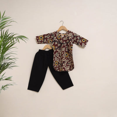 Maroon - girls kalamkari pure cotton kurta set (2-6 years)