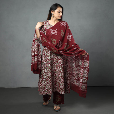 Maroon - hand batik printed cotton kurta with palazzo &