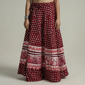 Maroon Hand Batik Printed Running Stitch Cotton Long Skirt 