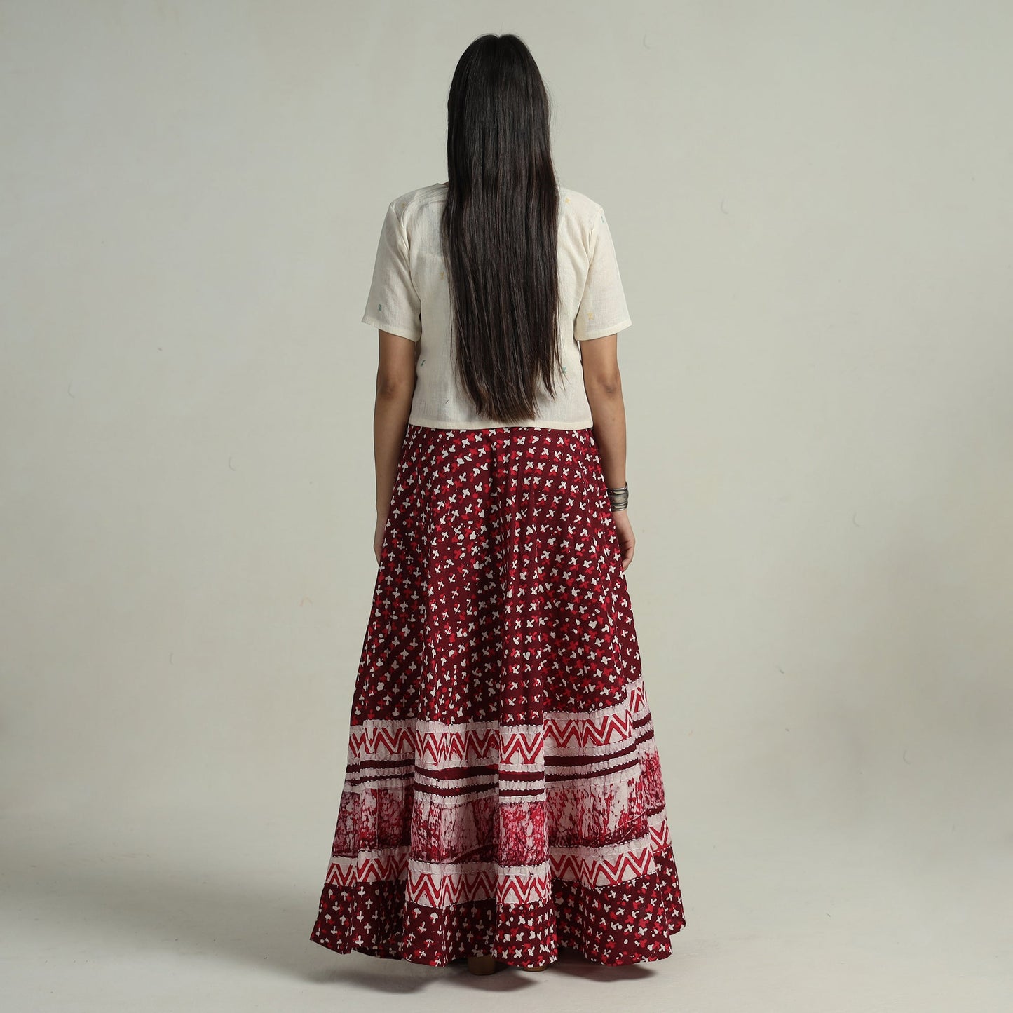 Maroon Hand Batik Printed Running Stitch Cotton Long Skirt 