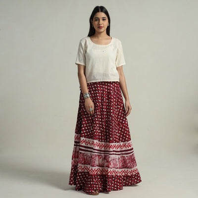 Maroon Hand Batik Printed Running Stitch Cotton Long Skirt 