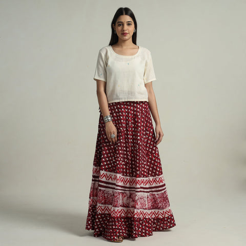 Maroon Hand Batik Printed Running Stitch Cotton Long Skirt 