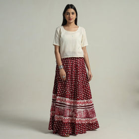 Maroon Hand Batik Printed Running Stitch Cotton Long Skirt 