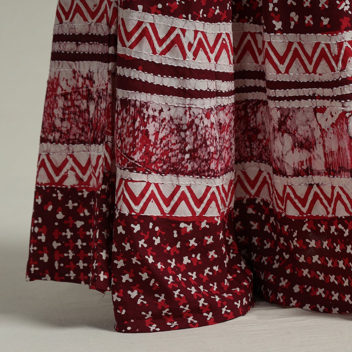 Maroon Hand Batik Printed Running Stitch Cotton Long Skirt 