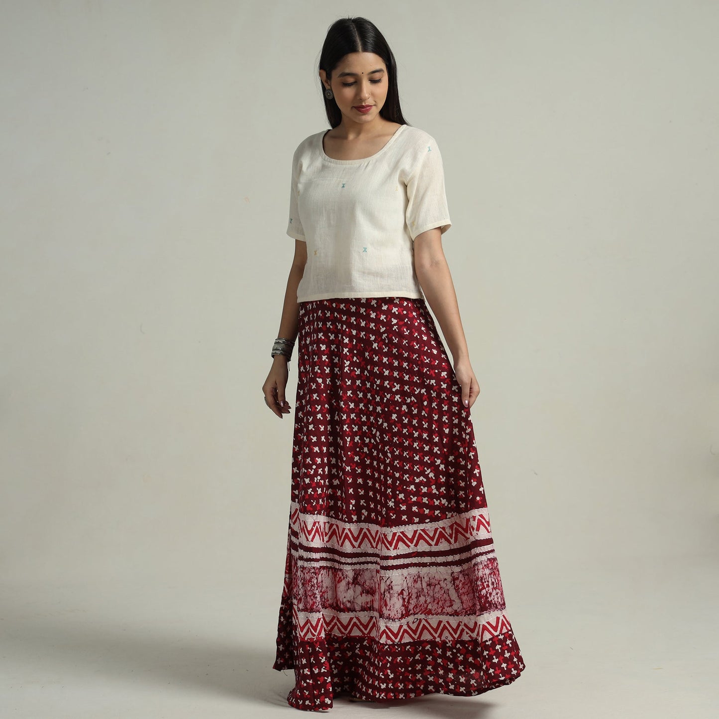 Maroon Hand Batik Printed Running Stitch Cotton Long Skirt 