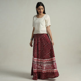Maroon Hand Batik Printed Running Stitch Cotton Long Skirt 