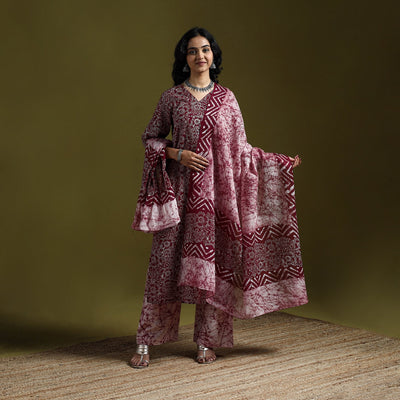 Hand block batik print cotton suit set with dupatta