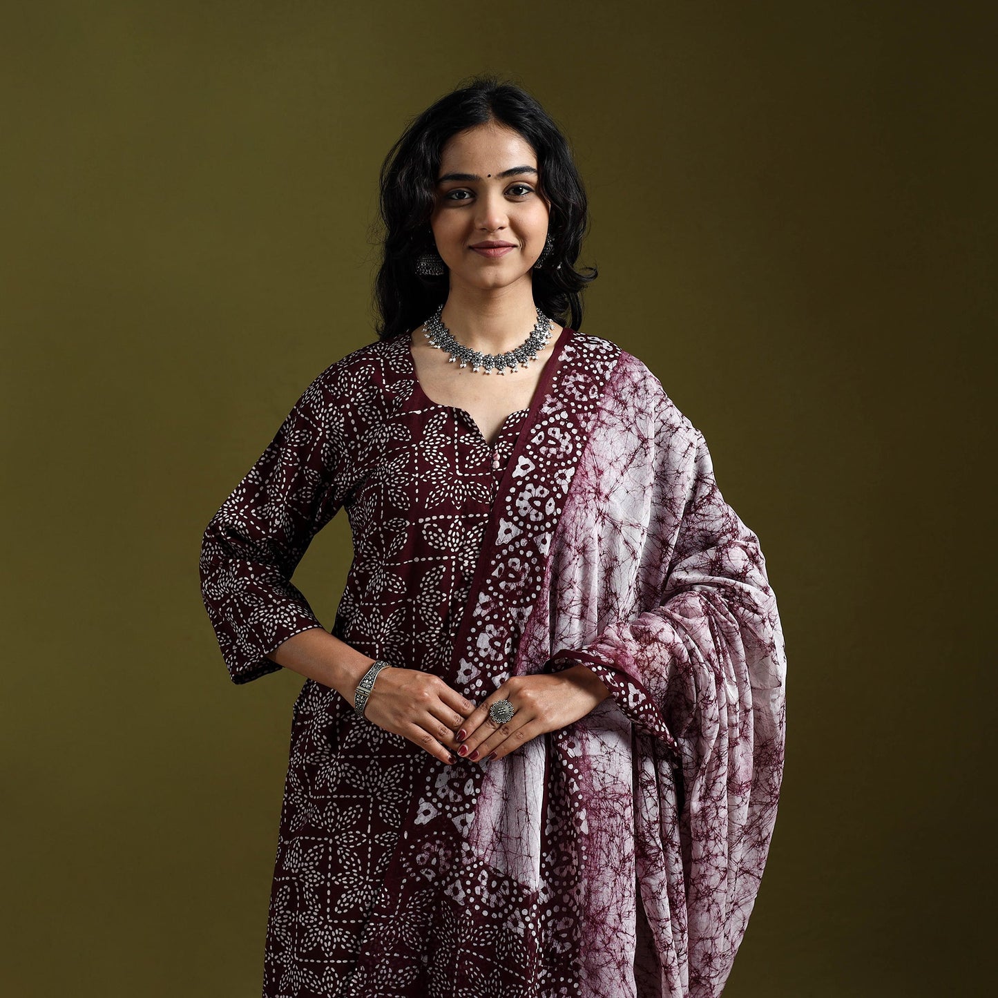 Hand block batik print cotton suit set with dupatta