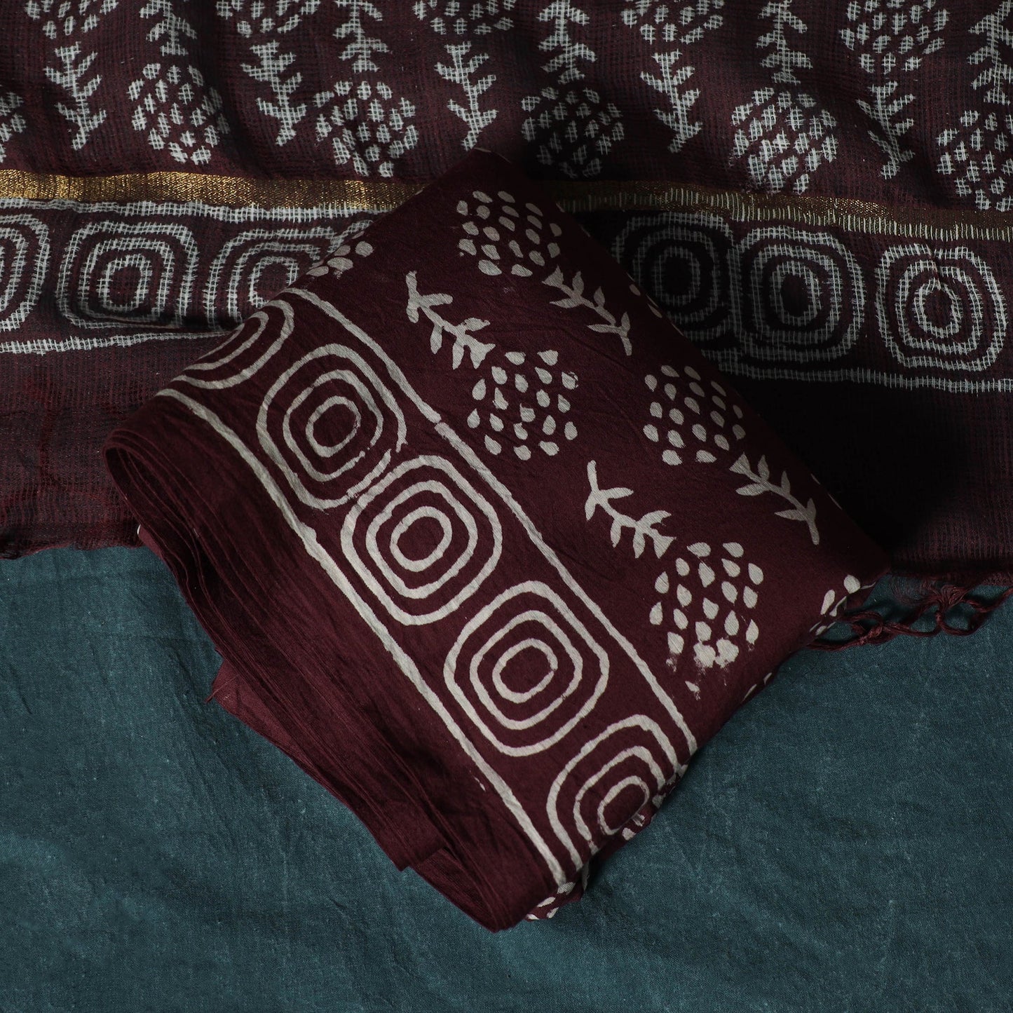 Hand block jaipur print cotton 3pc unstitched dress