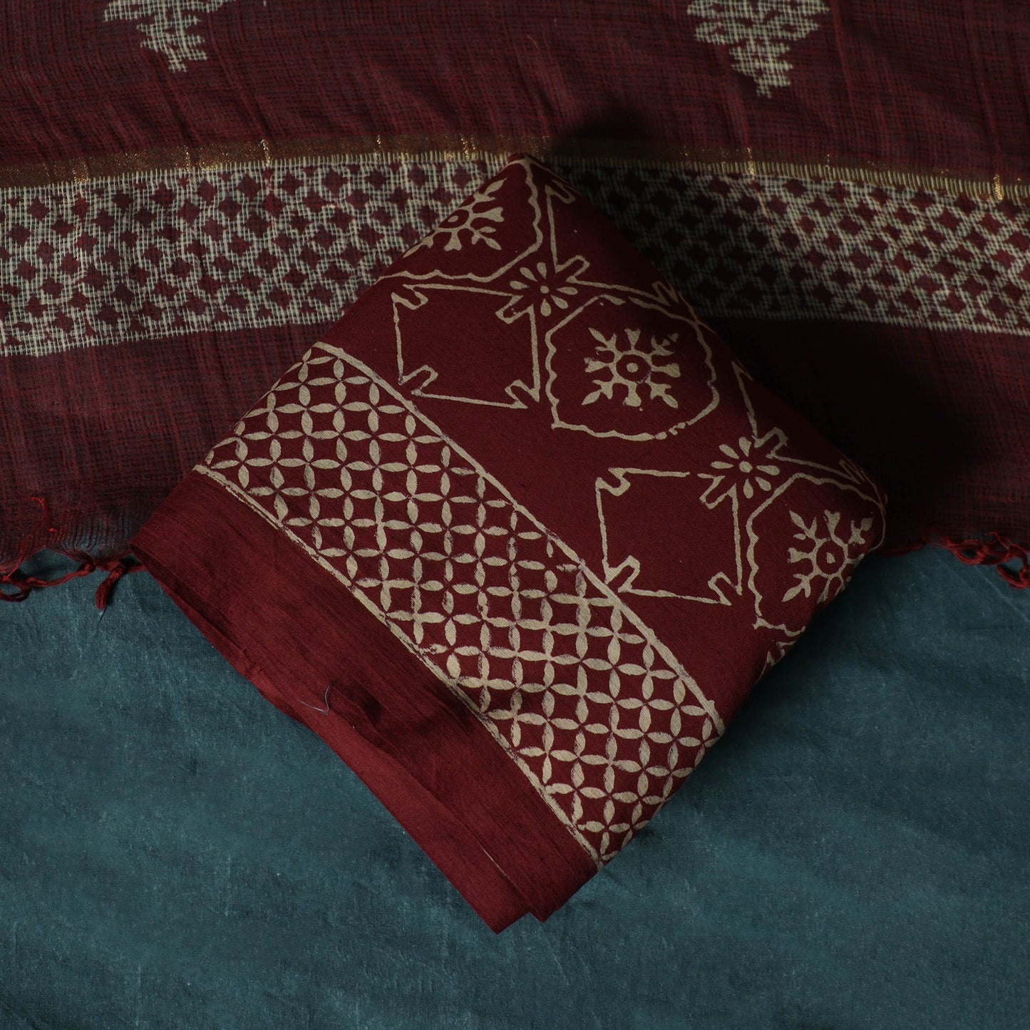 Hand block jaipur print cotton 3pc unstitched dress